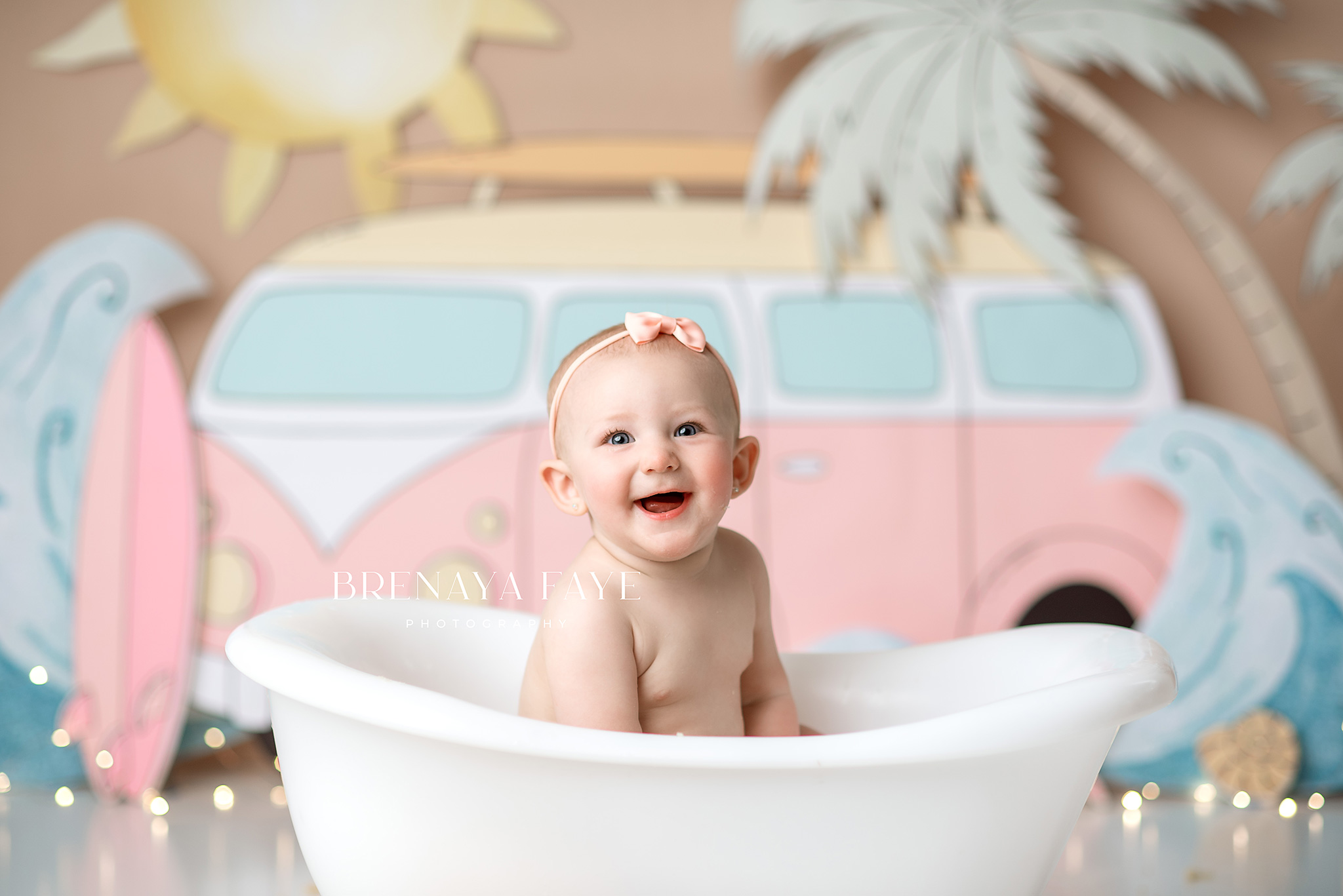 baby girl in bath after smash her first birthday cake, birthday cake omaha